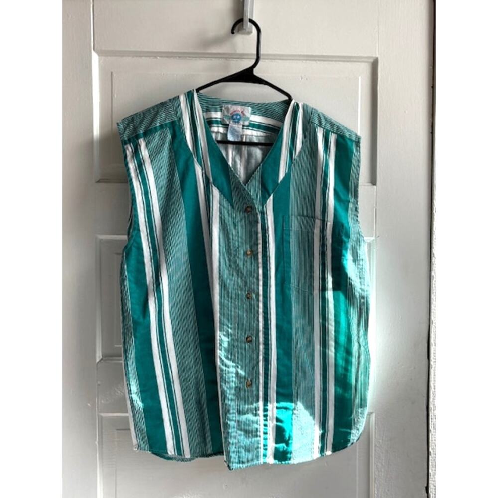 Vintage 90s Bermuda Run Green White Stripe Longline Button Up Shirt Womens Large